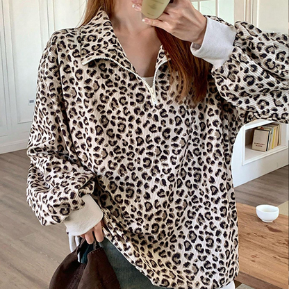 Damtröja med leopardmönster och halv dragkedja