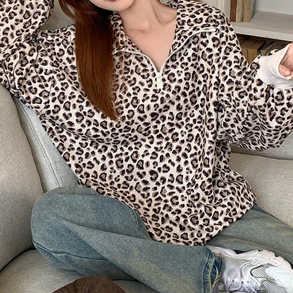Damtröja med leopardmönster och halv dragkedja