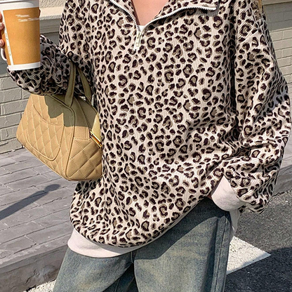 Damtröja med leopardmönster och halv dragkedja
