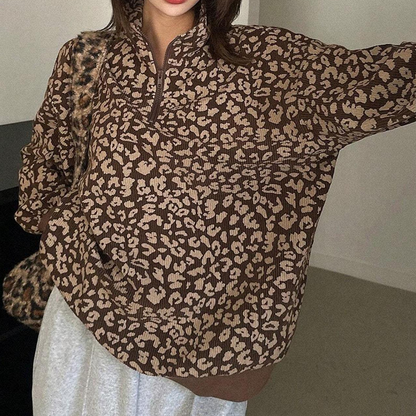 Damtröja med leopardmönster och halv dragkedja