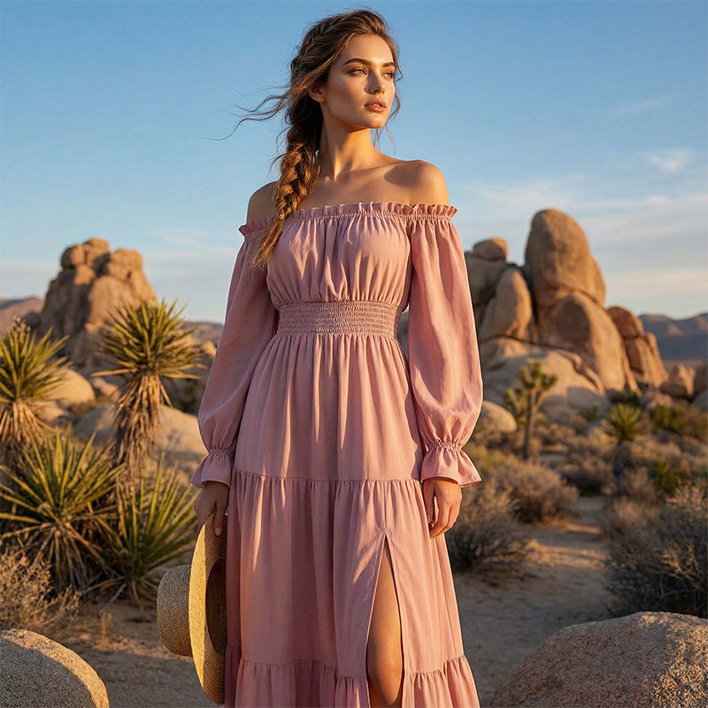 Damklänning med hög midja och bar axel