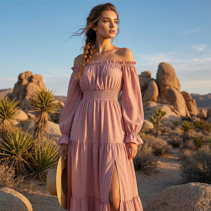 Damklänning med hög midja och bar axel