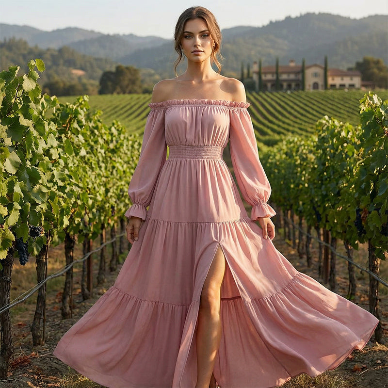 Damklänning med hög midja och bar axel