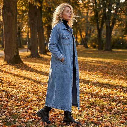 🎁FRI FRAKT 🎁Lång, ledig denimkavaj med knappar för damer
