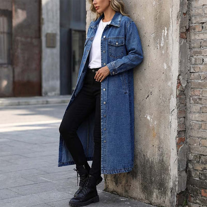 🎁FRI FRAKT 🎁Lång, ledig denimkavaj med knappar för damer