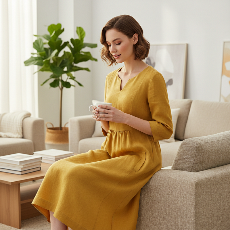 🔥🎁Nyhet 65 % RABATT🔥💖V-ringad och 3/4-ärmad casualklänning med fickor