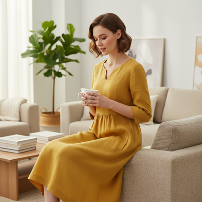 🔥🎁Nyhet 65 % RABATT🔥💖V-ringad och 3/4-ärmad casualklänning med fickor