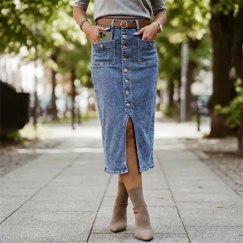 👗 50% RABATT! ⏳ Högmidjad Denimkjol med Knappar Fram – Klädsam A-linje, Justerbar passform & Klassisk stil 💙