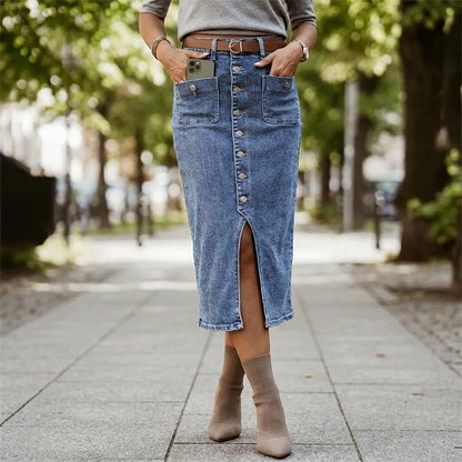 👗 50% RABATT! ⏳ Högmidjad Denimkjol med Knappar Fram – Klädsam A-linje, Justerbar passform & Klassisk stil 💙