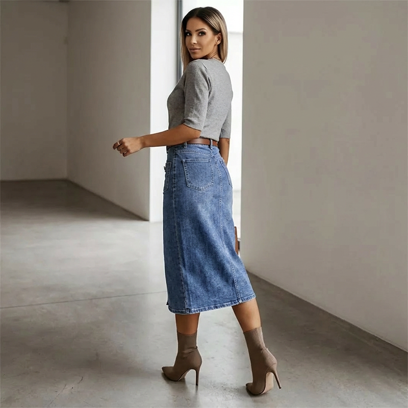👗 50% RABATT! ⏳ Högmidjad Denimkjol med Knappar Fram – Klädsam A-linje, Justerbar passform & Klassisk stil 💙