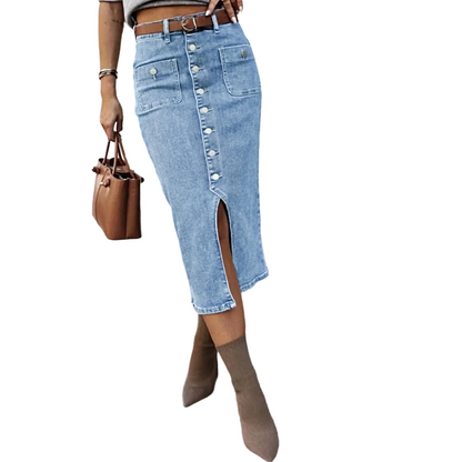 👗 50% RABATT! ⏳ Högmidjad Denimkjol med Knappar Fram – Klädsam A-linje, Justerbar passform & Klassisk stil 💙