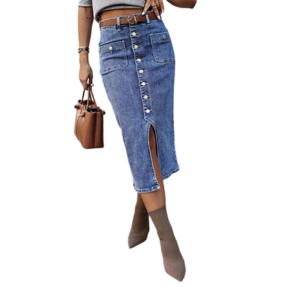 👗 50% RABATT! ⏳ Högmidjad Denimkjol med Knappar Fram – Klädsam A-linje, Justerbar passform & Klassisk stil 💙