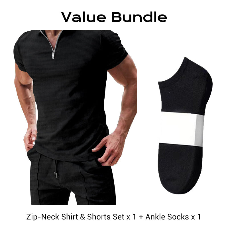 Sommarcasual set med skjorta med dragkedja och short