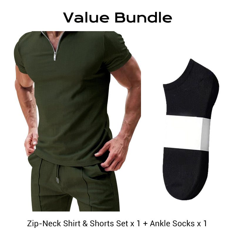 Sommarcasual set med skjorta med dragkedja och short