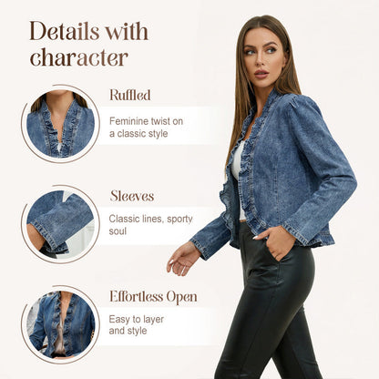 🧥 BEGRÄNSAD TID: 50 % RABATT! ✨ Dammjeansjacka – öppen framsida, volangkant, lätt, klassisk tvätt ✨