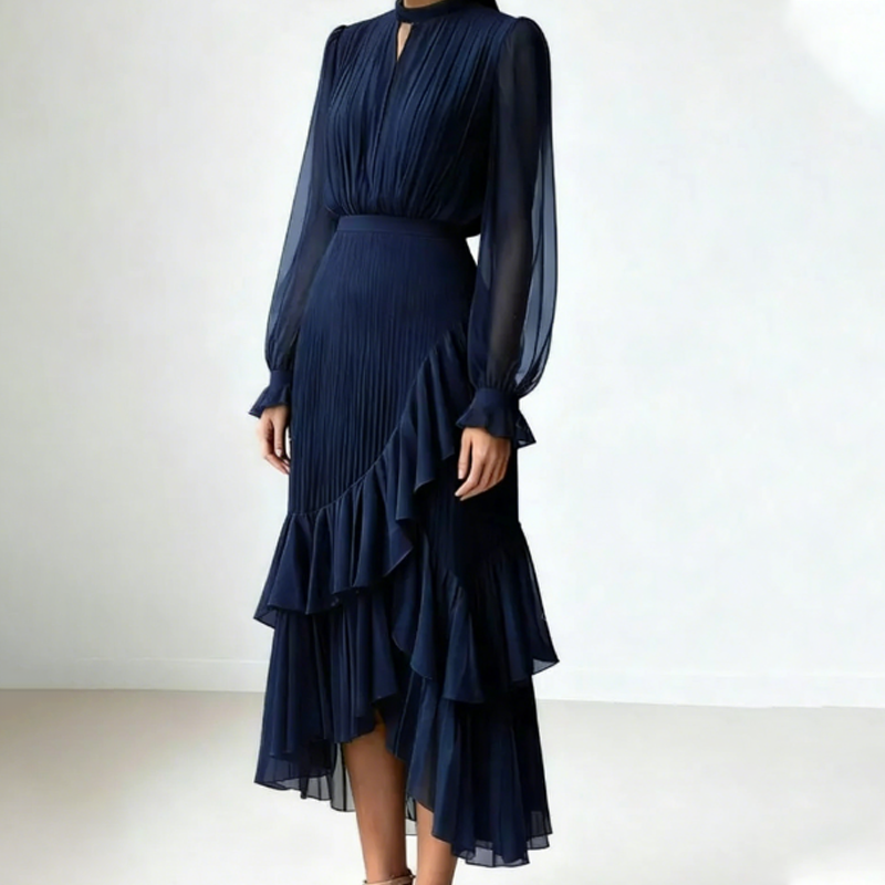 ⏳Begränsad tid – 50% rabatt⏰Damernas midi-klänning med nyckelhålshalsringning och volangkanter