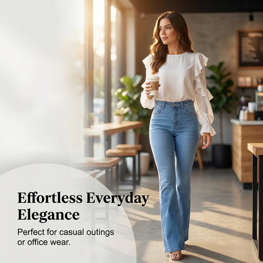 Högmidjade jeans med elastisk vid ben för kvinnor