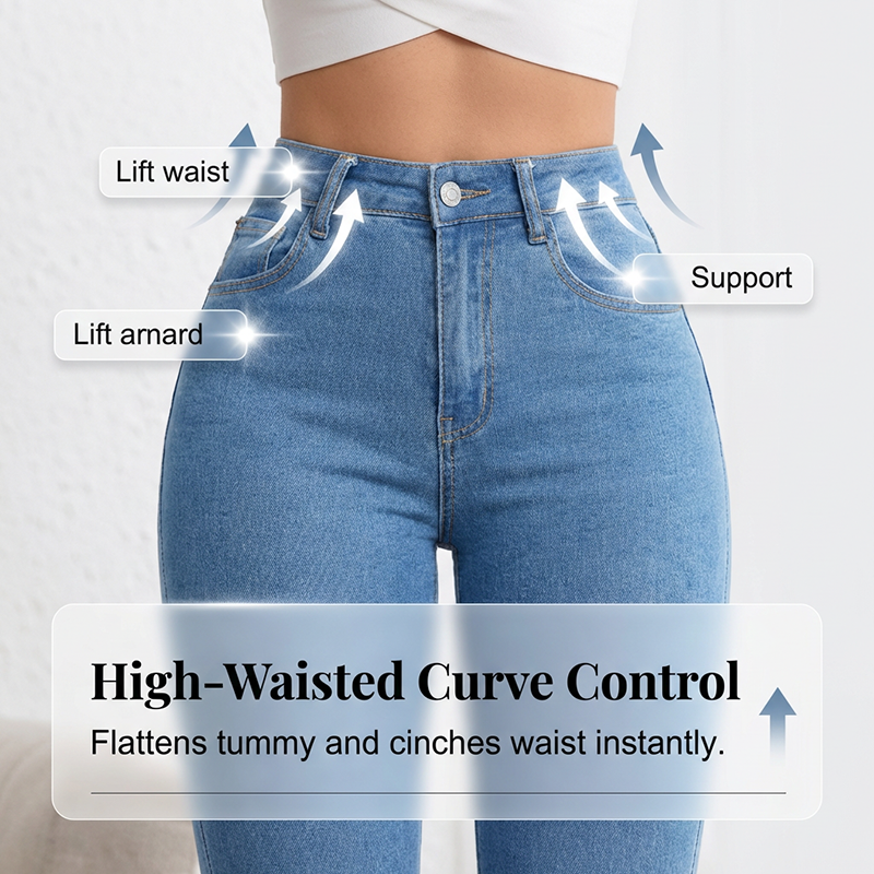 Högmidjade jeans med elastisk vid ben för kvinnor