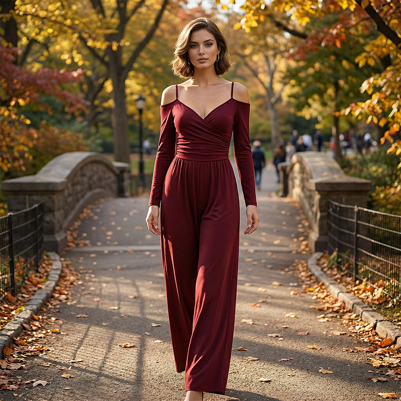 Jumpsuit med bar axlar, halterneck och vida be