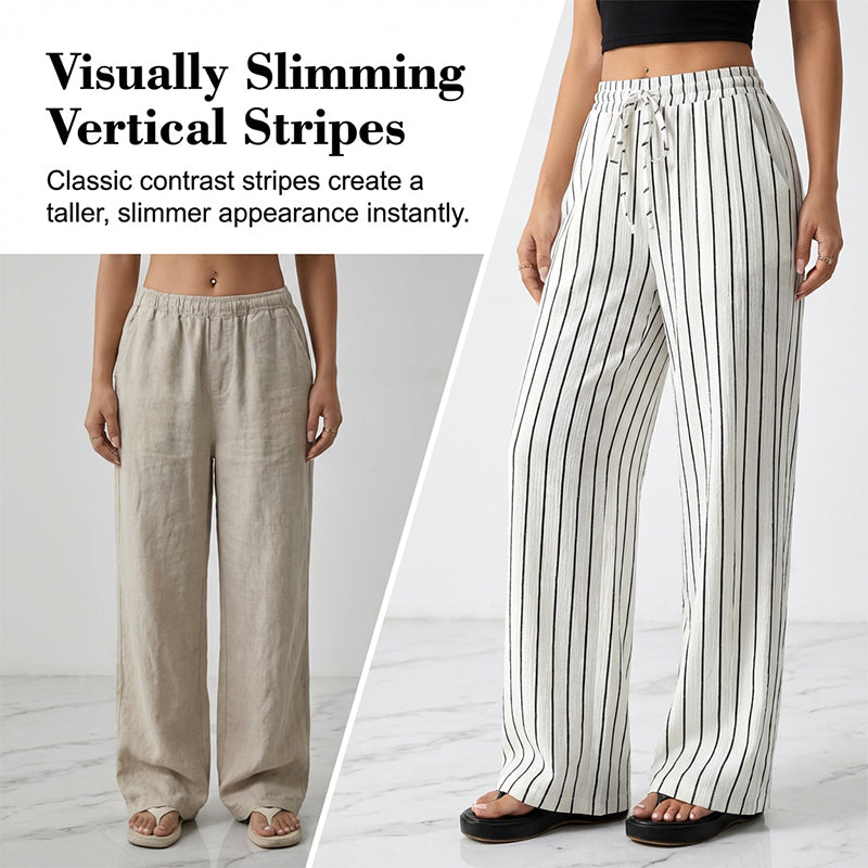 Randiga byxor med dragsko och vida ben för dame