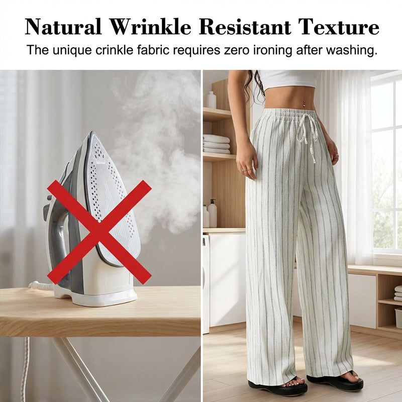 Randiga byxor med dragsko och vida ben för dame