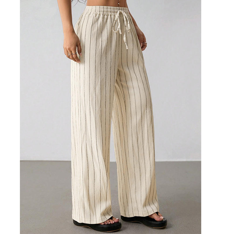 Randiga byxor med dragsko och vida ben för dame