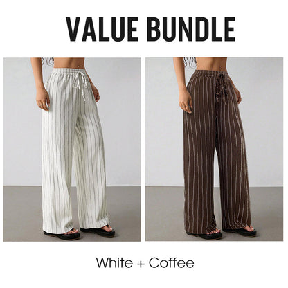 Randiga byxor med dragsko och vida ben för dame