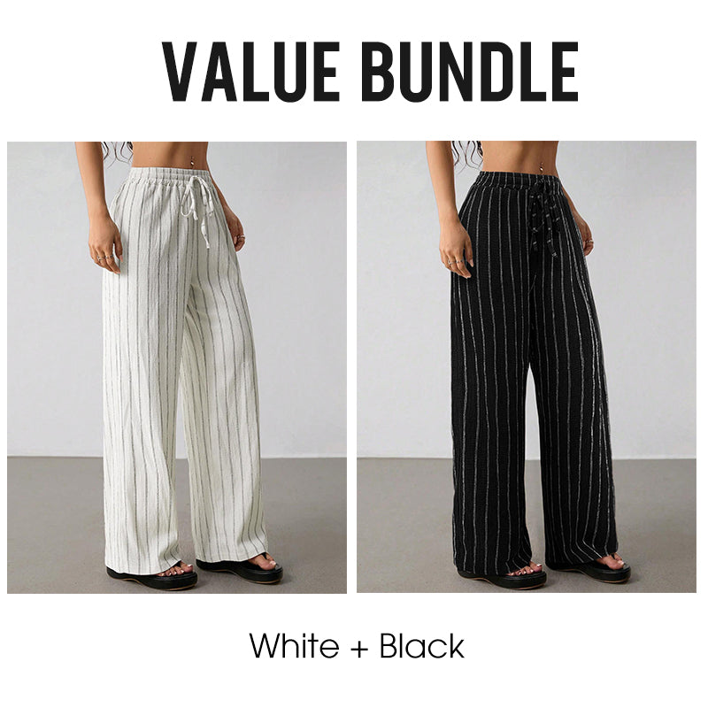 Randiga byxor med dragsko och vida ben för dame