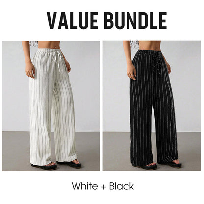 Randiga byxor med dragsko och vida ben för dame