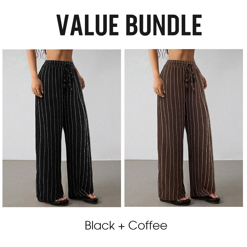 Randiga byxor med dragsko och vida ben för dame