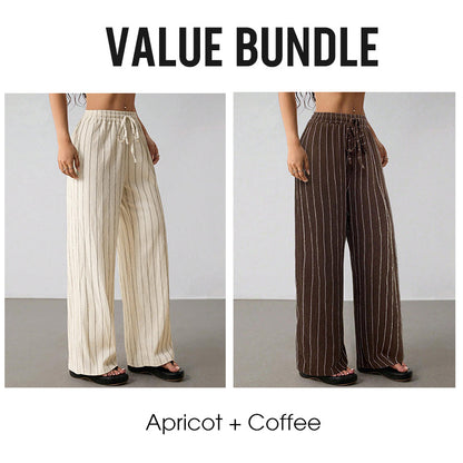 Randiga byxor med dragsko och vida ben för dame