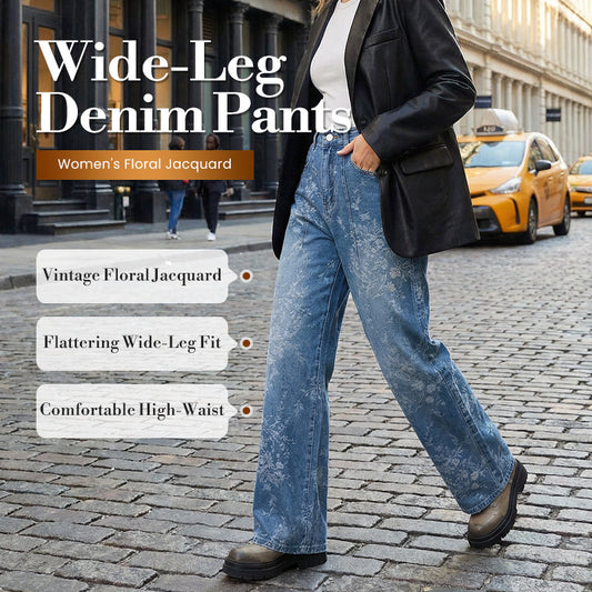 Dambyxor i denim med breda ben och blommönstrad jacquar