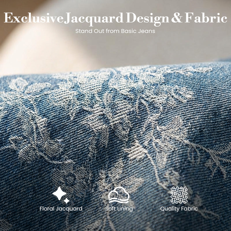 Dambyxor i denim med breda ben och blommönstrad jacquar