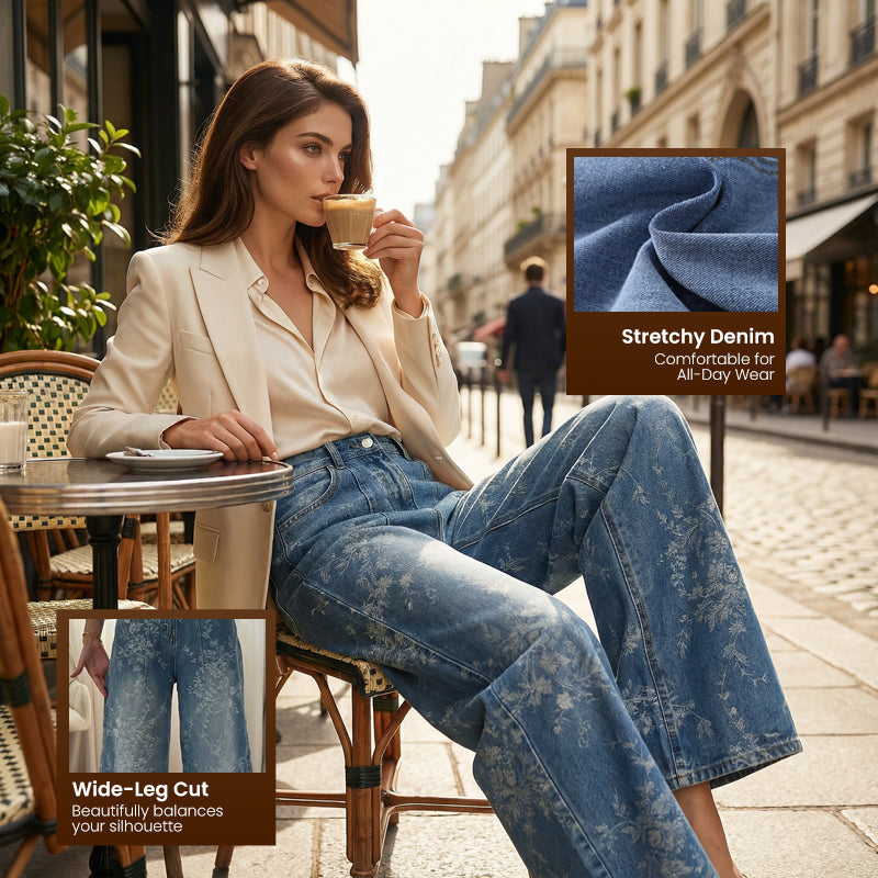 Dambyxor i denim med breda ben och blommönstrad jacquar