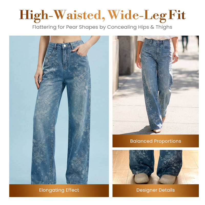 Dambyxor i denim med breda ben och blommönstrad jacquar