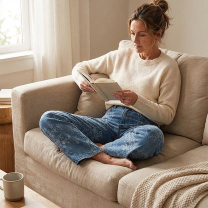 Dambyxor i denim med breda ben och blommönstrad jacquar