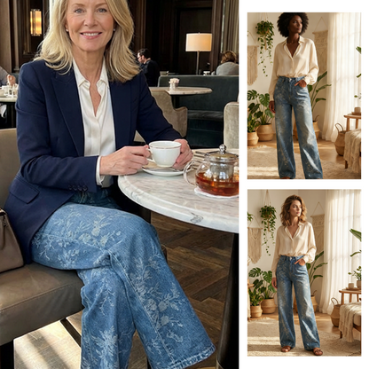 Dambyxor i denim med breda ben och blommönstrad jacquar