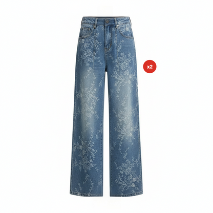 Dambyxor i denim med breda ben och blommönstrad jacquar