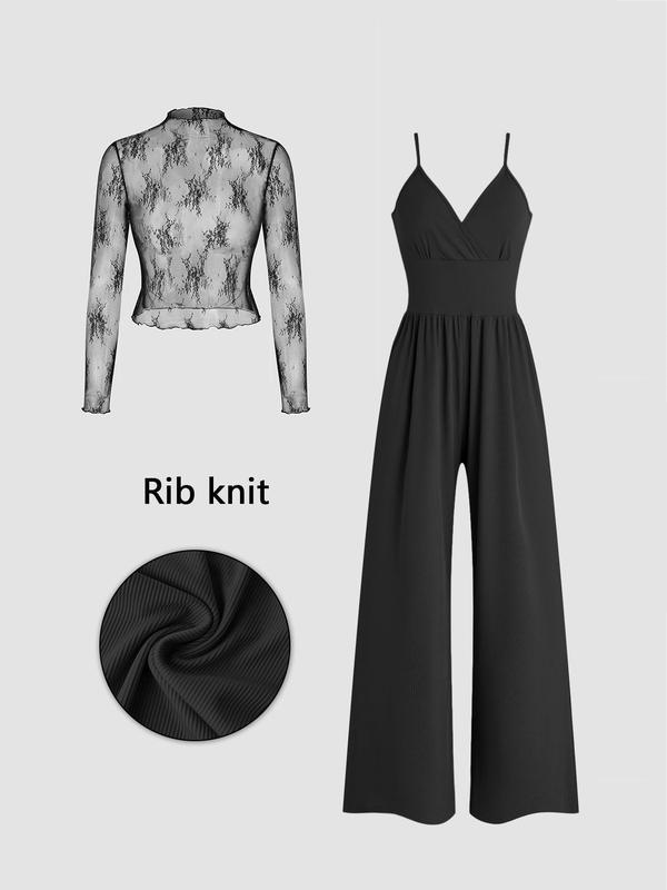🎉Vårrea – upp till 50 % rabatt😻 Tvådelat set för damer: spetströja och jumpsuit med ficko