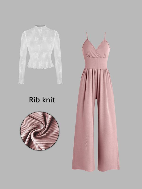 🎉Vårrea – upp till 50 % rabatt😻 Tvådelat set för damer: spetströja och jumpsuit med ficko