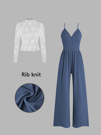 🎉Vårrea – upp till 50 % rabatt😻 Tvådelat set för damer: spetströja och jumpsuit med ficko