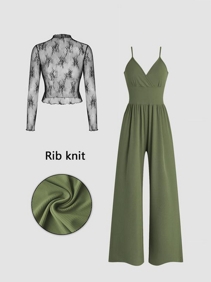 🎉Vårrea – upp till 50 % rabatt😻 Tvådelat set för damer: spetströja och jumpsuit med ficko