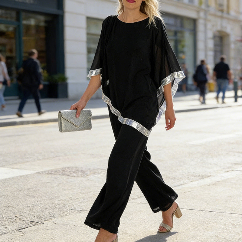 📢📢STOR REA !!⏰Set med elegant ponchotopp med paljettkant och byxor med vida be