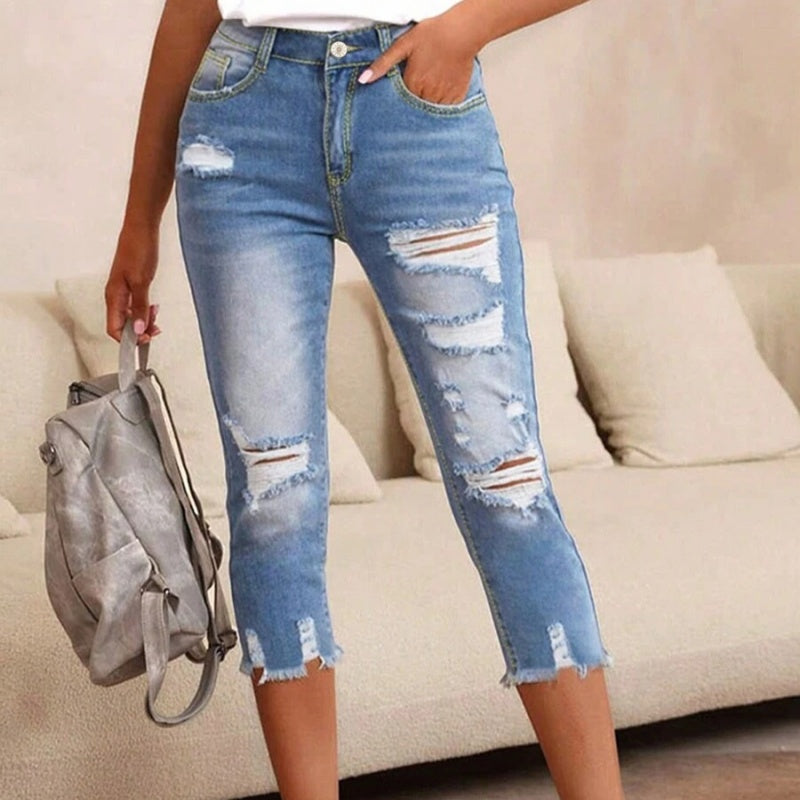 🔥Så länge lagret räcker – 50 % rabatt!🎉Dammjeans med sliten look, revor och råkant