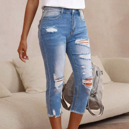🔥Så länge lagret räcker – 50 % rabatt!🎉Dammjeans med sliten look, revor och råkant