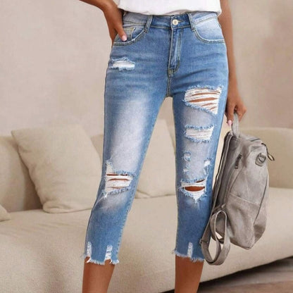 🔥Så länge lagret räcker – 50 % rabatt!🎉Dammjeans med sliten look, revor och råkant