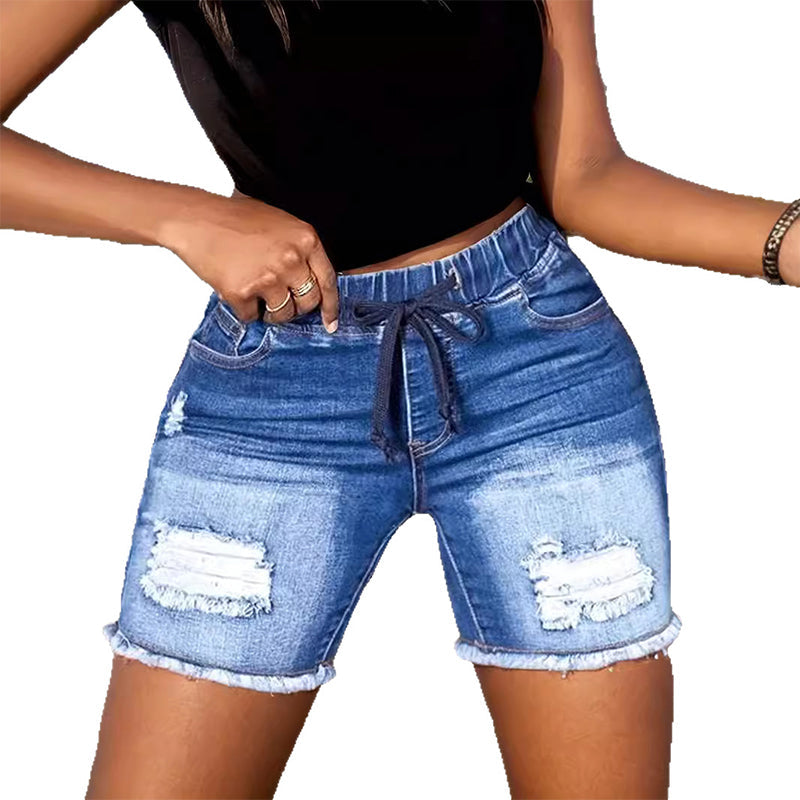 Damshorts i slitna jeans med dragsko och resår i midja