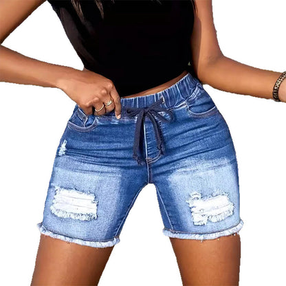Damshorts i slitna jeans med dragsko och resår i midja