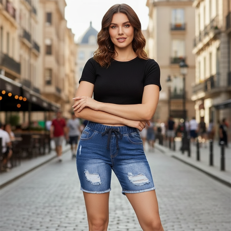 Damshorts i slitna jeans med dragsko och resår i midja