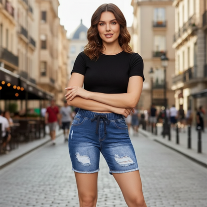 Damshorts i slitna jeans med dragsko och resår i midja